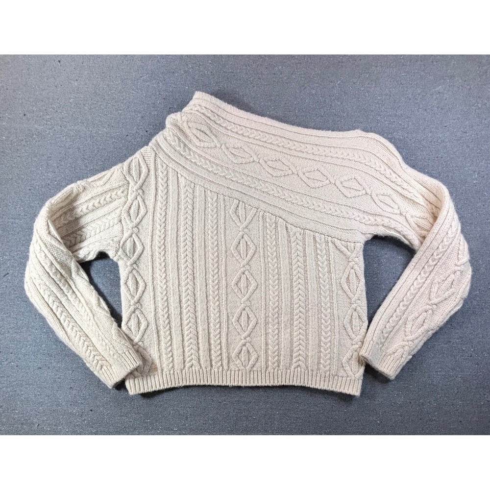 MNG Mango Womens Cream Cable Knit Asymmetric Off Shoulder Sweater XS Beige Wool